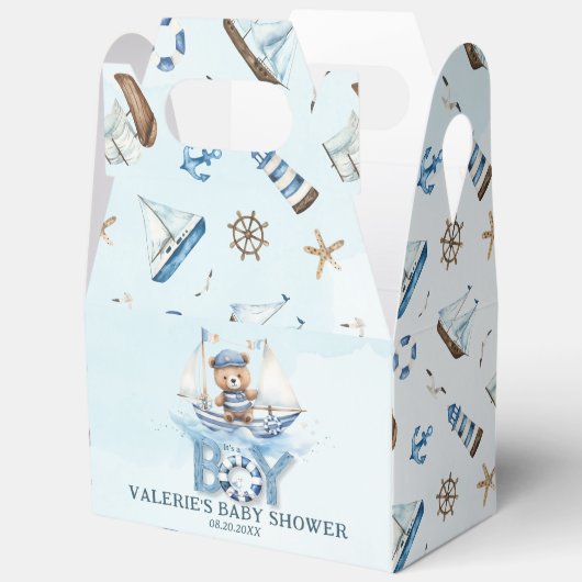 Schattigee nautische blauwe boot teddybeer jongen bedankdoosjes (Open)