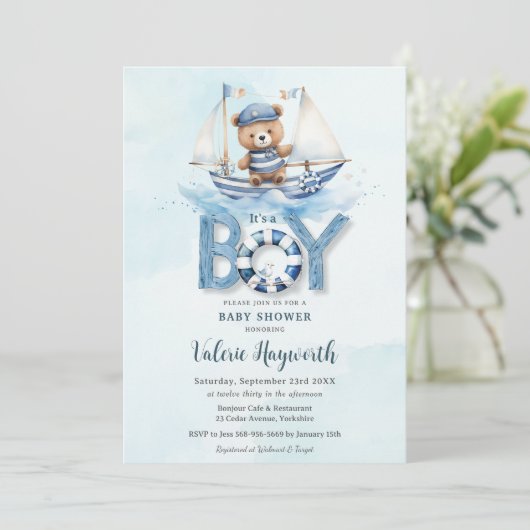 Schattigee nautische blauwe boot teddybeer jongen kaart (Staand voorkant)