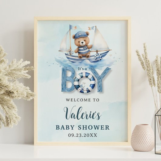 Schattigee nautische blauwe boot teddybeer jongen  poster