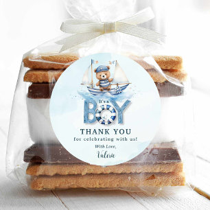 Schattigee nautische blauwe boot teddybeer jongen  ronde sticker