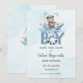 Schattigee nautische blauwe boot teddybeer jongen save the date (Voorkant / Achterkant)