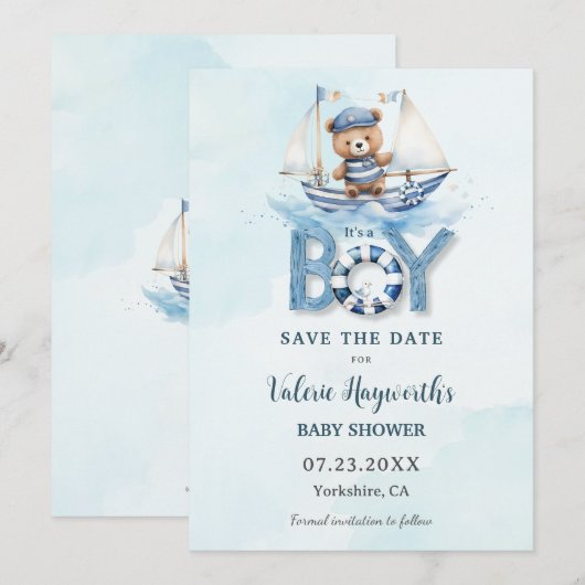 Schattigee nautische blauwe boot teddybeer jongen save the date (Voorkant / Achterkant)