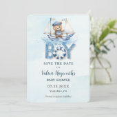 Schattigee nautische blauwe boot teddybeer jongen  save the date (Staand voorkant)