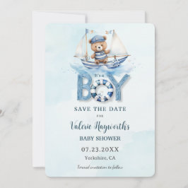 Schattigee nautische blauwe boot teddybeer jongen  save the date