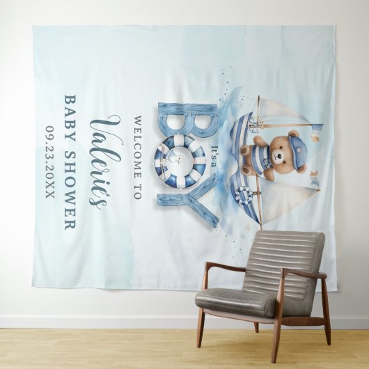 Schattigee nautische blauwe boot teddybeer jongen wandkleed (In Situ (horizontaal))