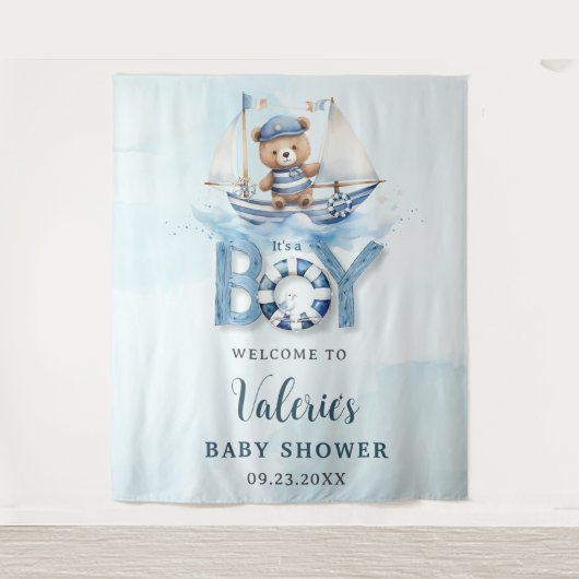 Schattigee nautische blauwe boot teddybeer jongen  wandkleed (Voorkant)