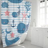 Schattigee nautische blauwe walvissen en koraalrif douchegordijn