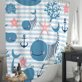 Schattigee nautische blauwe walvissen en koraalrif douchegordijn