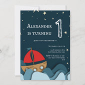 Schattigee nautische blauwe zeilboot jongen eerste kaart (Voorkant)