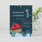 Schattigee nautische blauwe zeilboot jongen eerste kaart (Staand voorkant)