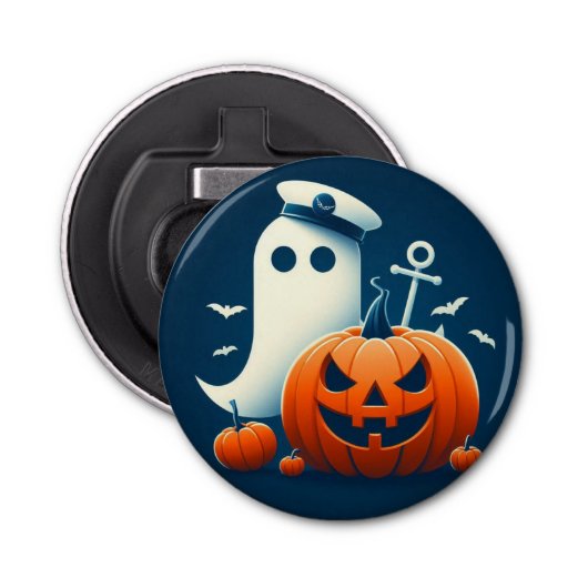 Schattigee, nautische / kust Halloween-spook / pom Button Flesopener (Voorkant)