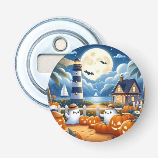 Schattigee, nautische / kust Halloween-spook / pom Button Flesopener (Voorkant)
