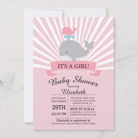 Schattigee nautische walvis meisje Baby shower uit Kaart (Voorkant)