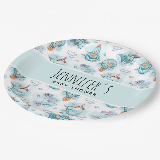 Schattigee nautische walvissen Waterverf Baby show Papieren Bordje (Gekanteld)