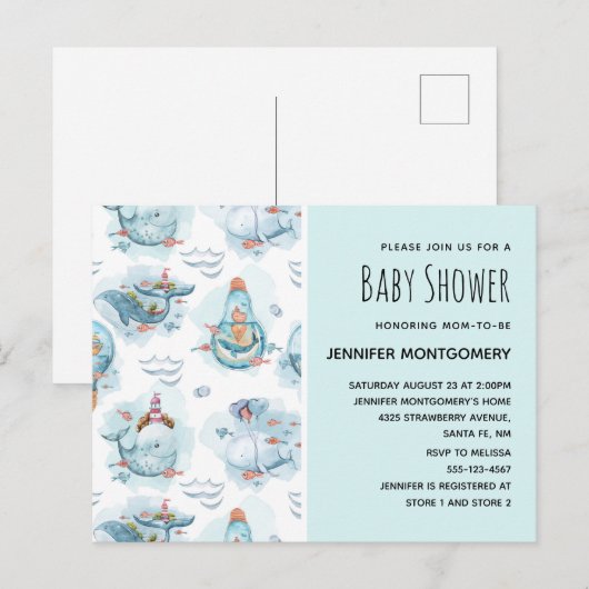 Schattigee nautische walvissen Waterverf Baby show Uitnodiging Briefkaart (Voorkant / Achterkant)