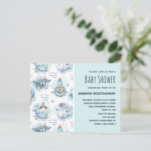 Schattigee nautische walvissen Waterverf Baby show Uitnodiging Briefkaart (Staand voorkant)