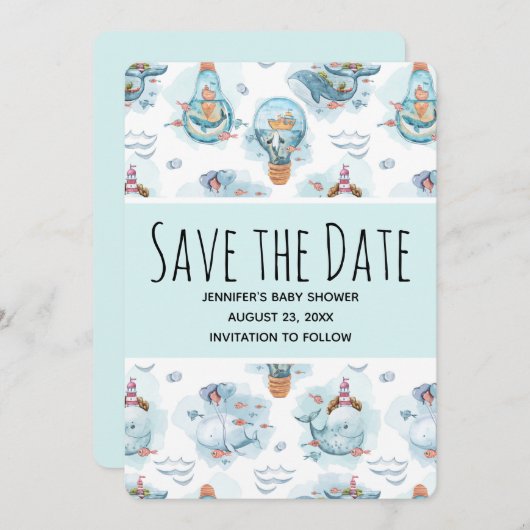 Schattigee nautische walvissen Waterverf patroon o Save The Date (Voorkant / Achterkant)