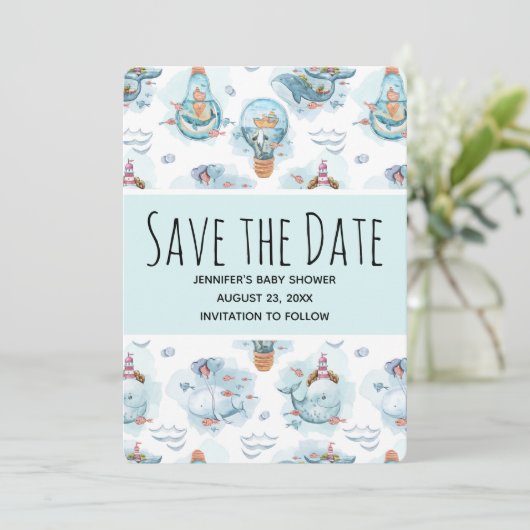 Schattigee nautische walvissen Waterverf patroon o Save The Date (Staand voorkant)