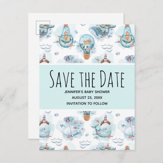 Schattigee nautische walvissen Waterverf Save the Uitnodiging Briefkaart (Voorkant / Achterkant)