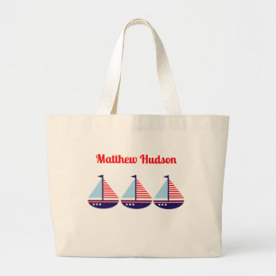 Schattigee nautische zeilboot gepersonaliseerde Ki Grote Tote Bag