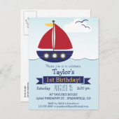 Schattigee Nautische Zeilboot Kind Verjaardagsfees Uitnodiging Briefkaart (Voorkant / Achterkant)
