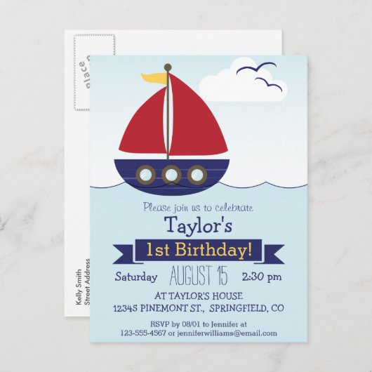 Schattigee Nautische Zeilboot Kind Verjaardagsfees Uitnodiging Briefkaart (Voorkant / Achterkant)