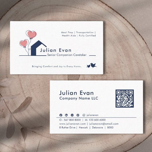 Schattigee Navy blauw Witte Huis Logo Senior Careg Visitekaartje