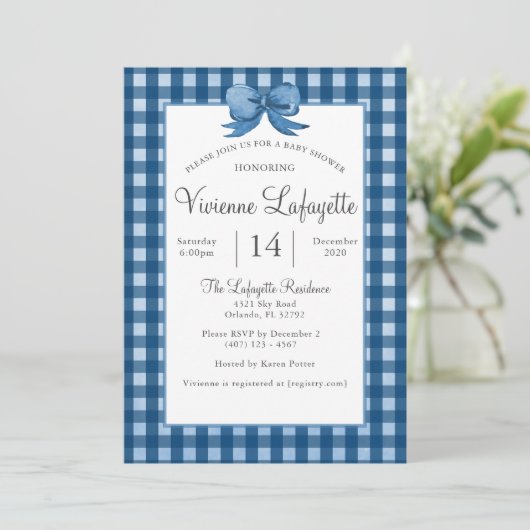 Schattigee Navy Blue Gingham met Bow Baby shower Kaart (Staand voorkant)
