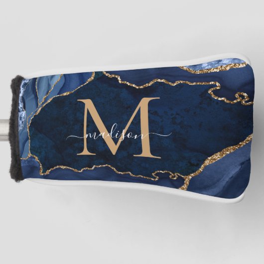 Schattigee Navy Blue Gold Glitter Agaat Geode Mono Golfheadcover (Voorkant)