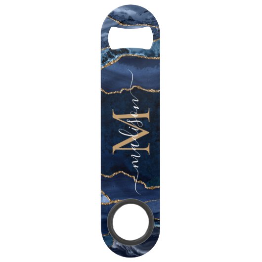 Schattigee Navy Blue Gold Glitter Agaat Geode Mono Speed Flessenopener (Achterkant)