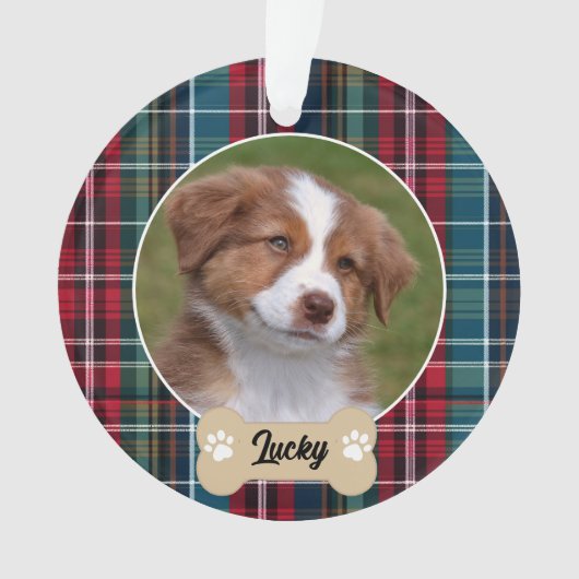 Schattigee Navy Red Green Tartan Plaid Custom Dog  Ornament (voorkant)