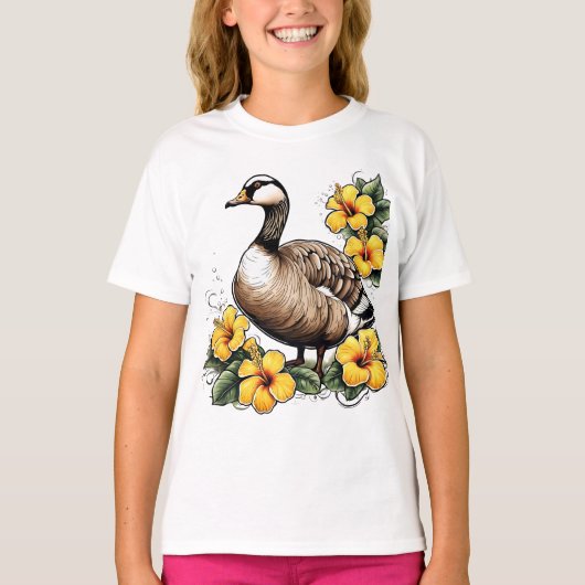 Schattigee Nene Hawaiian Goose met gele Hibiscus T-shirt (Voorkant)
