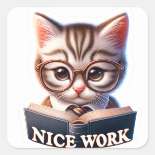 Schattigee 'Nice Work' Kitten Multi onderwerp Stic Vierkante Sticker