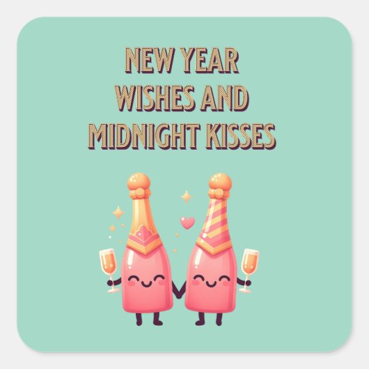 Schattigee Nieuwjaarswensen & Midnight Kisses Kawa Vierkante Sticker (Voorkant)