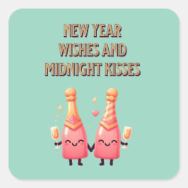 Schattigee Nieuwjaarswensen & Midnight Kisses Kawa Vierkante Sticker