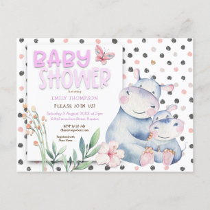 Schattigee nijlpaarden Polka Dots Roze Baby shower Uitnodiging Briefkaart