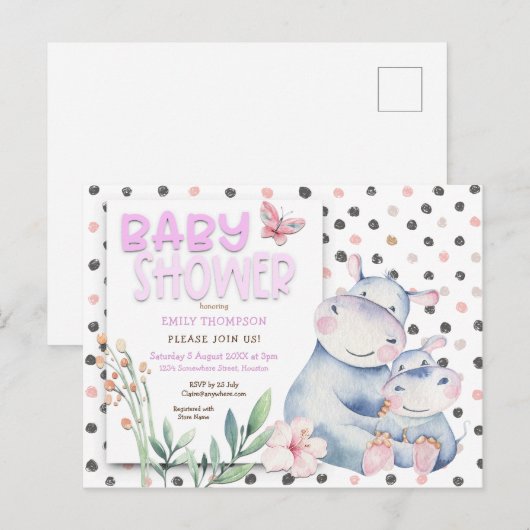Schattigee nijlpaarden Polka Dots Roze Baby shower Uitnodiging Briefkaart (Voorkant / Achterkant)