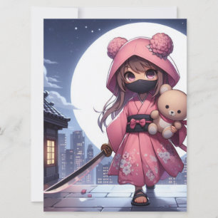 Schattigee Ninja Warrior Girl & Teddy Feestdagenkaart