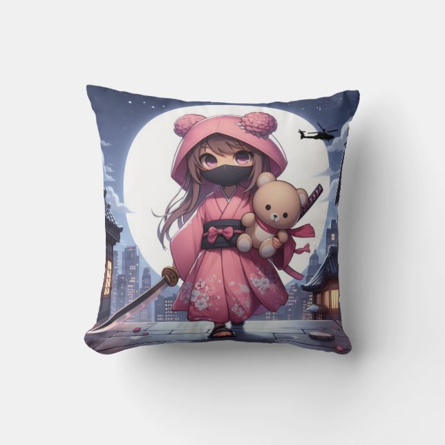 Schattigee Ninja Warrior Girl & Teddy Kussen (Voorkant)