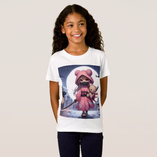 Schattigee Ninja Warrior Girl & Teddy T-shirt (Voorkant volledig)