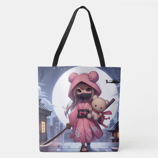 Schattigee Ninja Warrior Girl & Teddy Tote Bag (Voorkant)