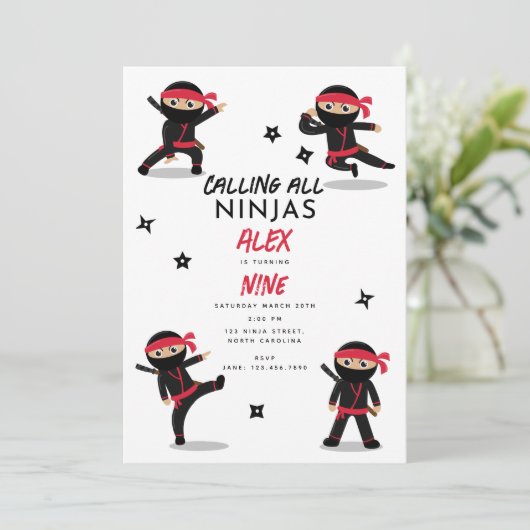 Schattigee Ninja Warrior Kinder Black & Red verjaa Kaart (Staand voorkant)