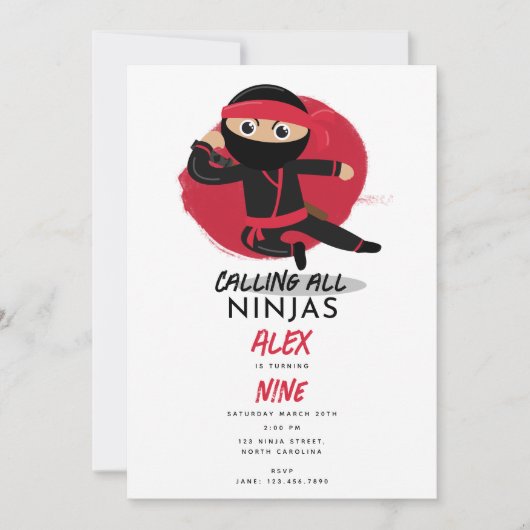 Schattigee Ninja Warrior Kinder Black & Red verjaa Kaart (Voorkant)