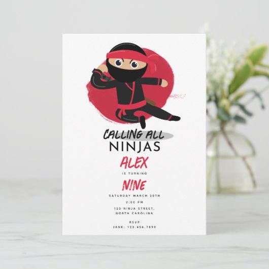 Schattigee Ninja Warrior Kinder Black & Red verjaa Kaart (Staand voorkant)
