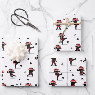 Schattigee Ninja Warrior Kinder zwart en rood patr Inpakpapier Vel