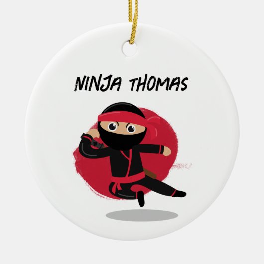 Schattigee Ninja Warrior Zwart & Rood Kinder Aange Keramisch Ornament (Voorkant)