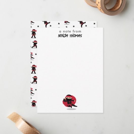 Schattigee Ninja Warrior Zwart & Rood Kinder Aange Notitiekaartje (Voorkant / Achterkant in situ)