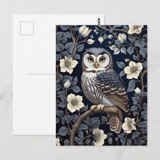 Schattigee Noordelijke Saw-Whet Uil en Moonflowers Briefkaart (Voorkant / Achterkant)