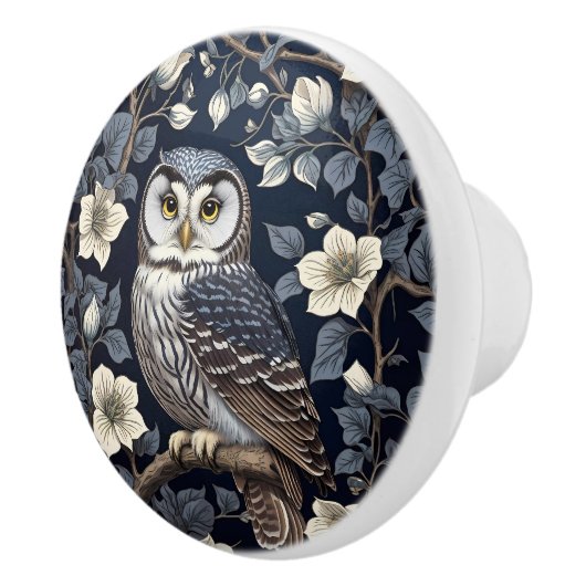 Schattigee Noordelijke Saw-Whet Uil en Moonflowers Keramische Knop (Rechts)