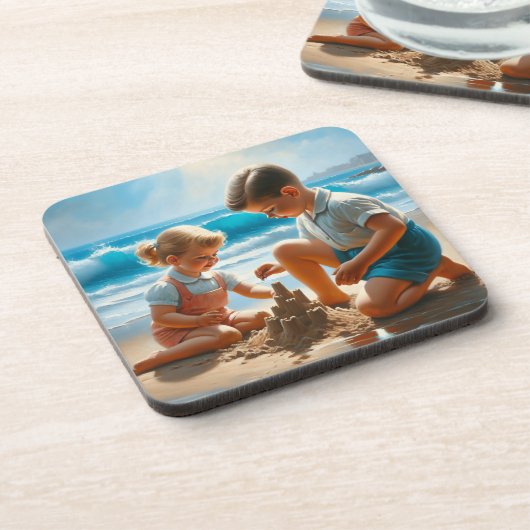 Schattigee Nostalgische Kinderen aan het strand 50 Bier Onderzetter (Linkerzijde)